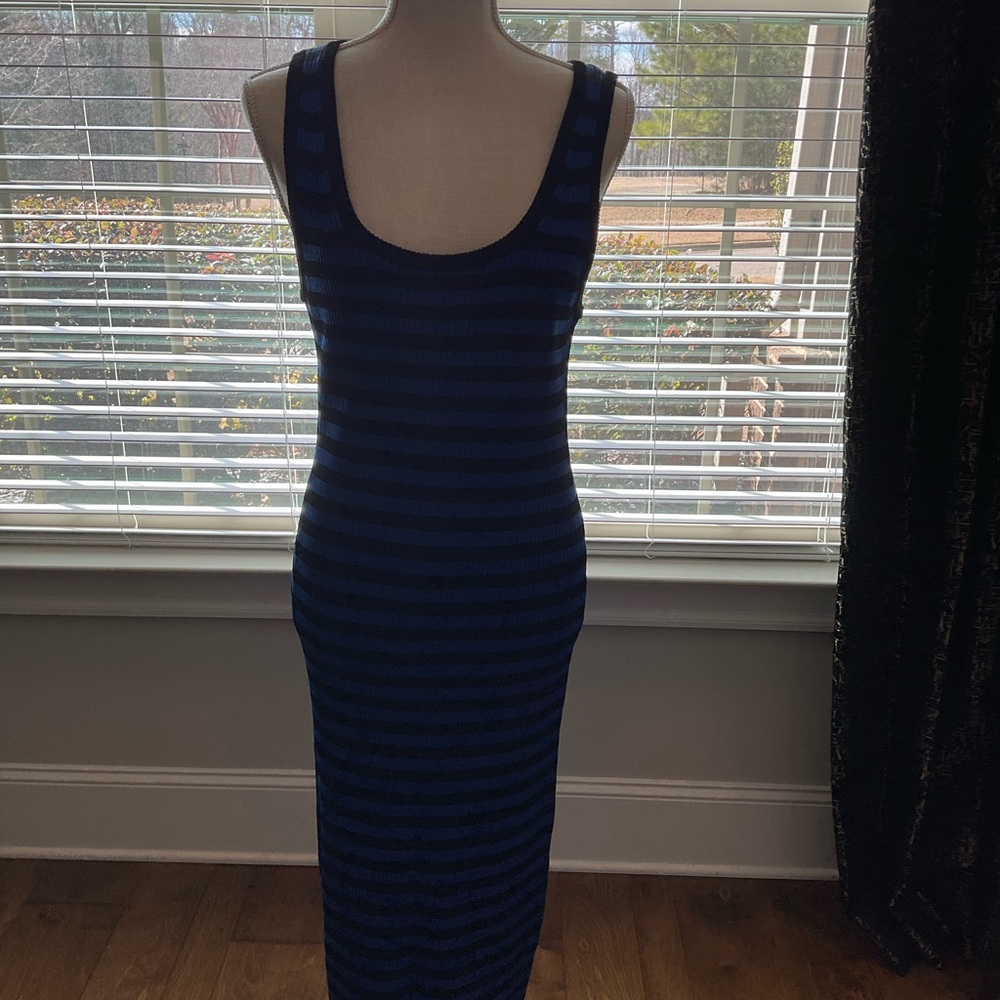 New Michael Kors Black/Royal Blue Striped Ribbed Knit Sleeveless Dress ~Size L